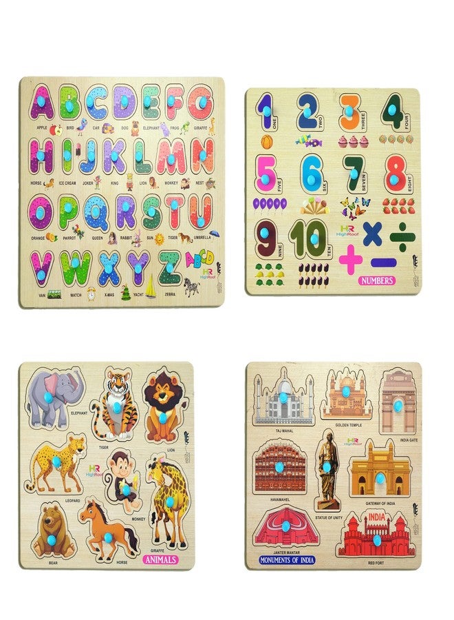 HIGHROOF® Kids Fort Nursery Educational Jigsaw Puzzles for Adults Kids Learning Toys Kit Board Game 4 pcs Set of ABCD Alphabets Numbers Animals & Monuments of India Educational Toy - Image 1